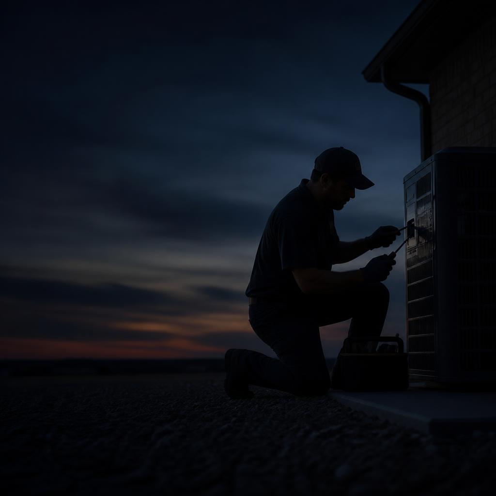 HVAC technician repairing an AC unit at dusk