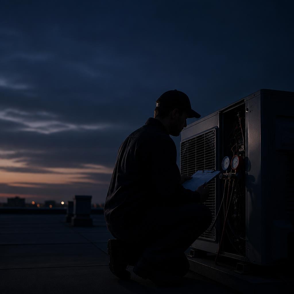 HVAC technician performing preventative maintenance at dusk
