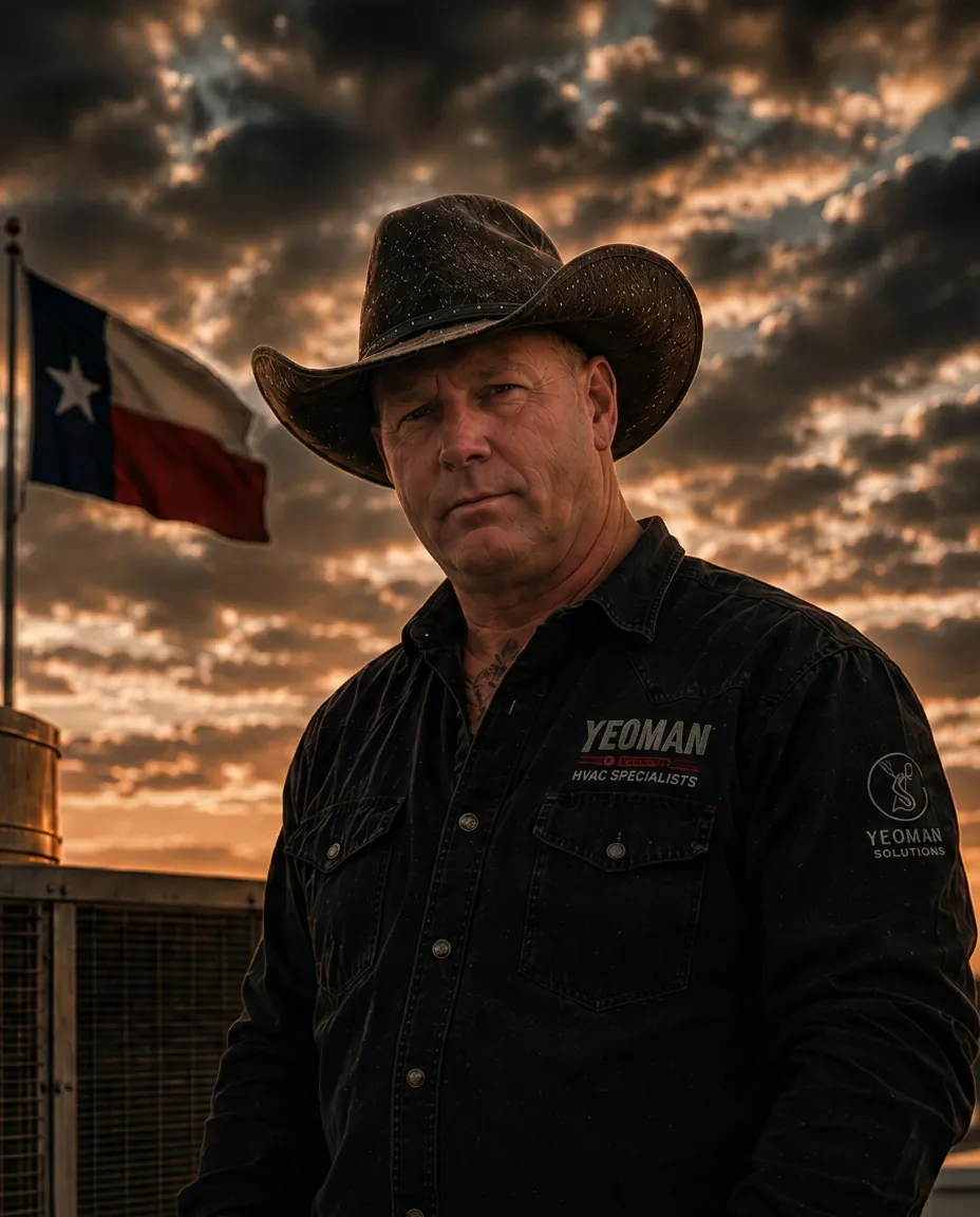 Richard Callahan, owner of Yeoman Solutions HVAC, in a cowboy hat with the Texas flag at sunset