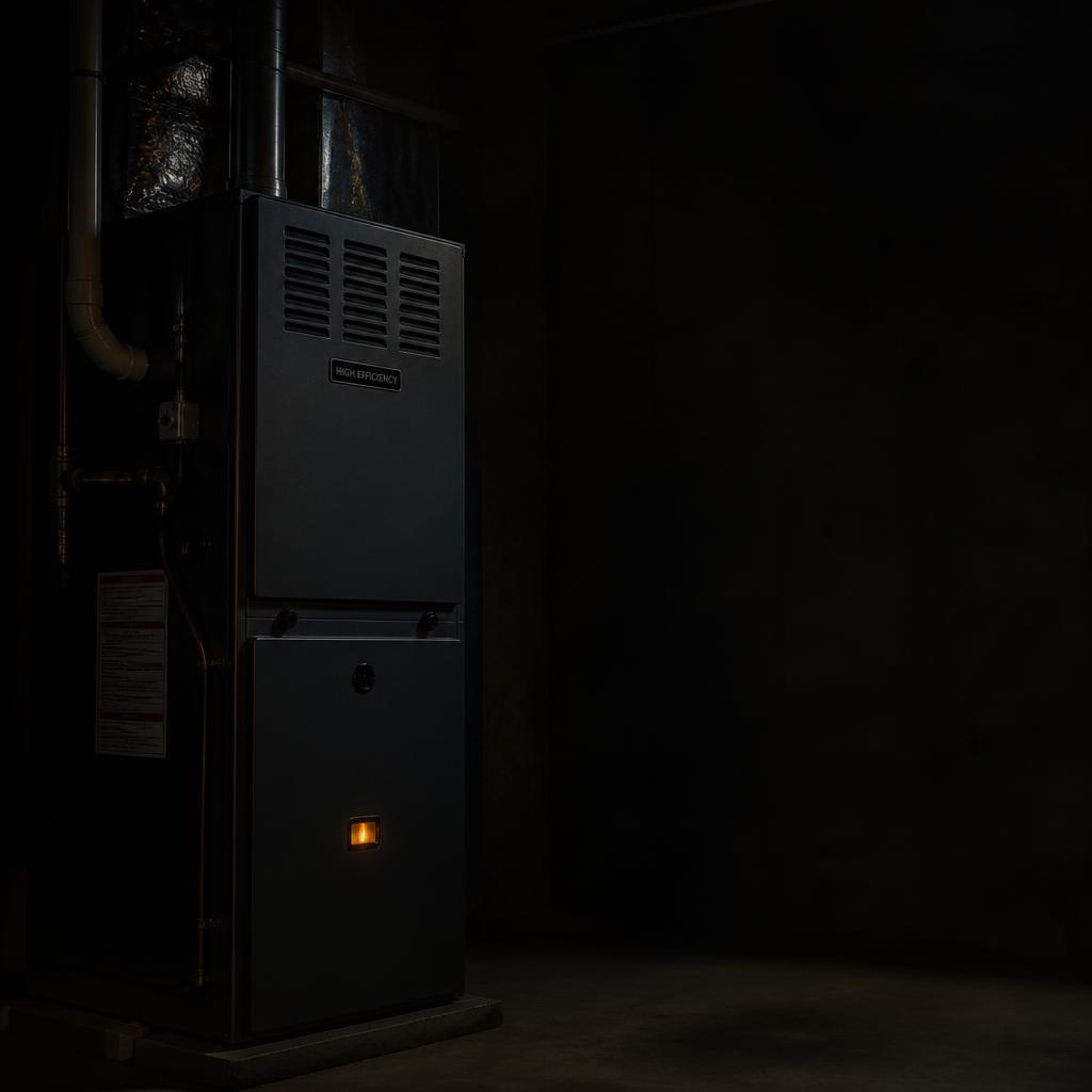 Gas furnace unit with a warm indicator glow in a dim utility space
