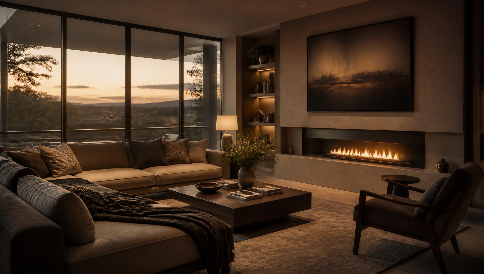 Warm modern residential interior at dusk