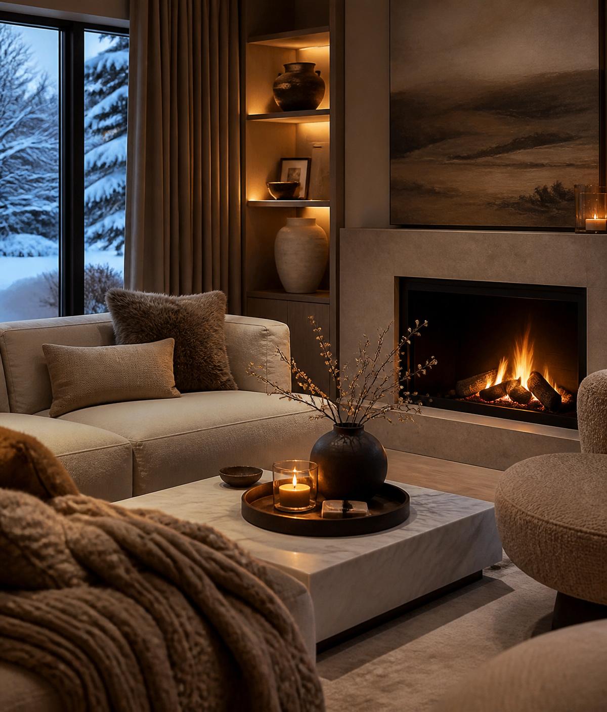 Warm modern living room with a lit fireplace on a winter evening