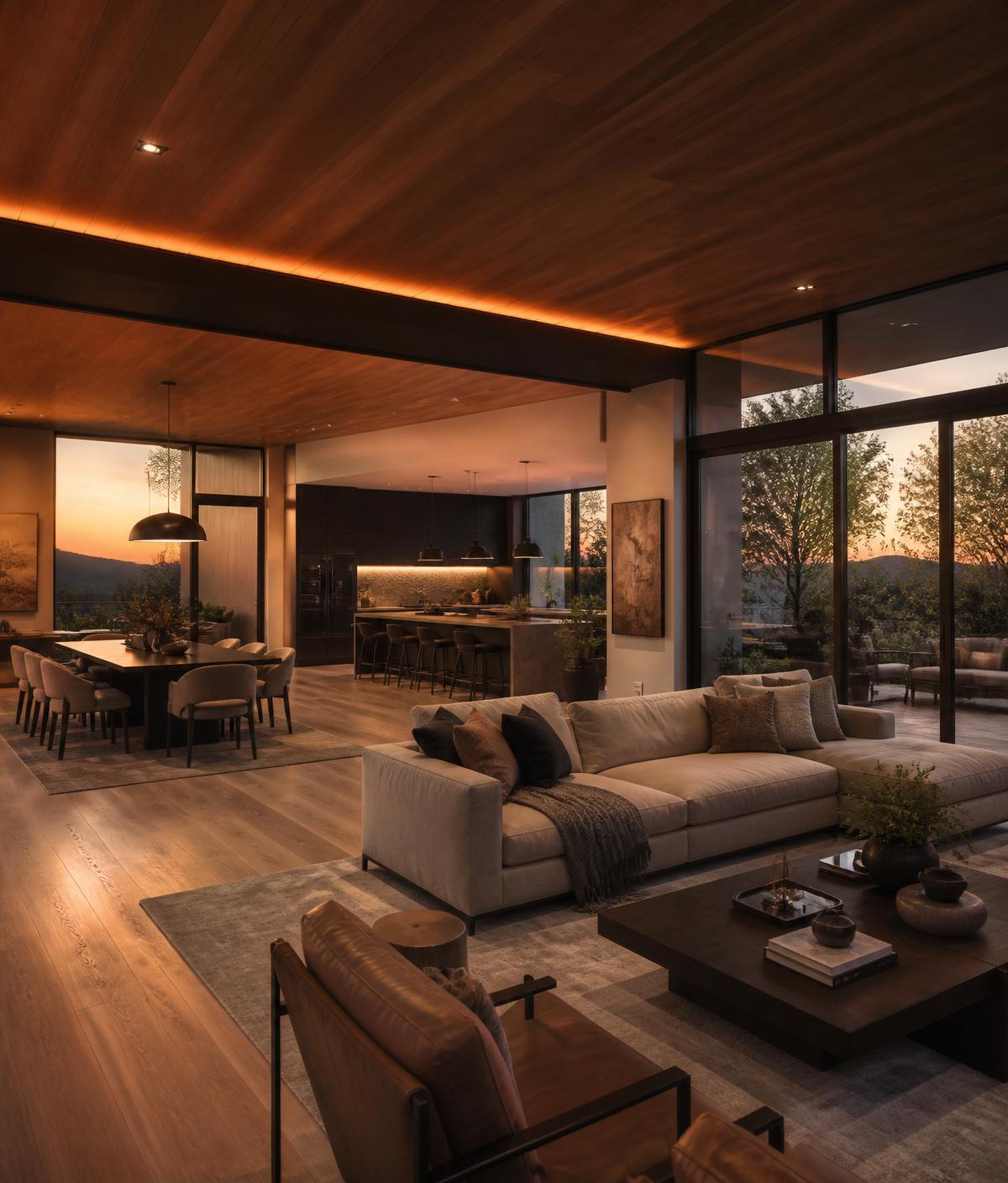 Wide open-plan modern home interior at dusk